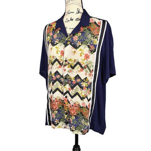Men's ASOS Camp Collar Shirt Short Sleeve Drop Shoulder Floral Chevron Navy Sz M